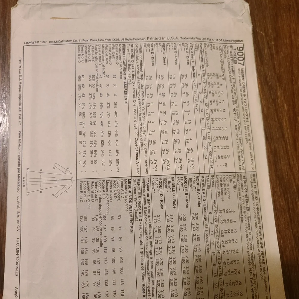 McCalls Sewing Pattern Size D